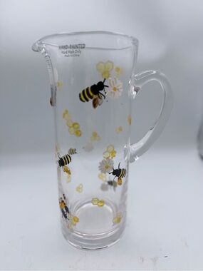Clear Glass Bee Pitcher with Yellow Floral Accents
